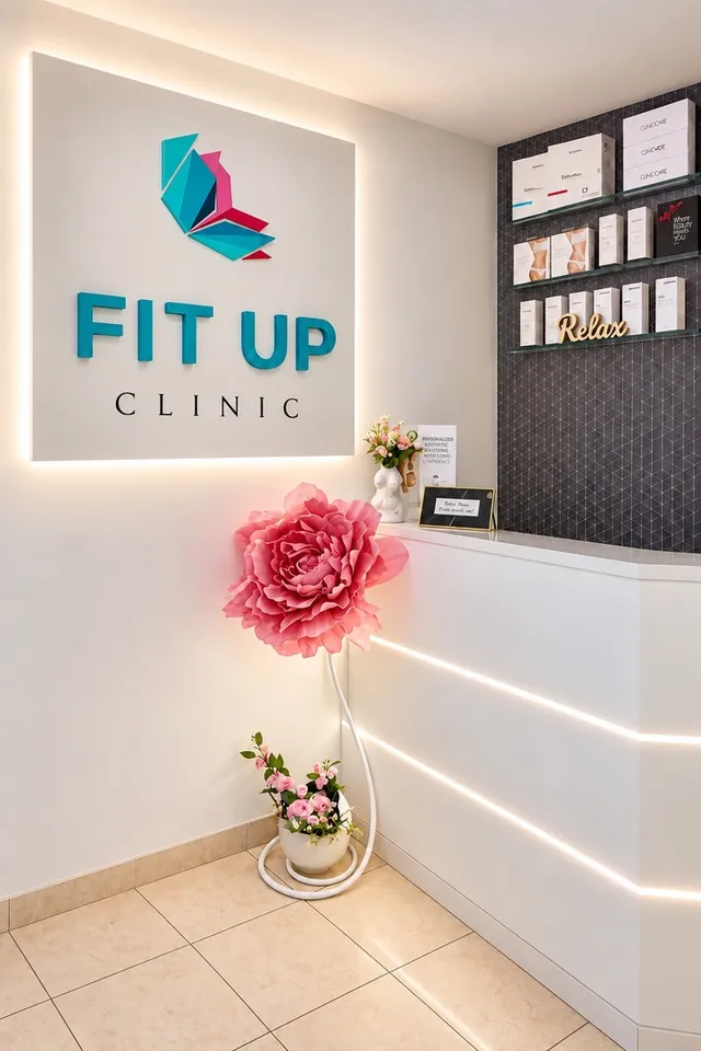 Recepcja FIT UP CLINIC z sygnetem i nazwą kliniki na ścianie